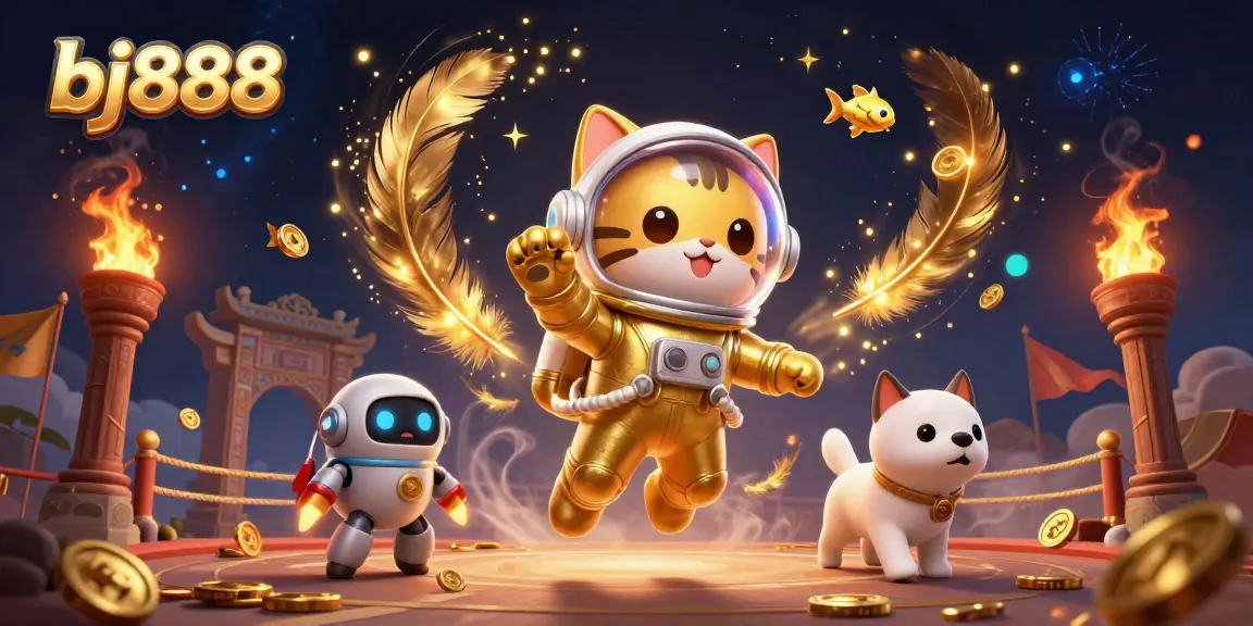 Bettors celebrate winnings in the vibrant universe of bj888, with an astronaut cat and a robot dog among casino treasures.