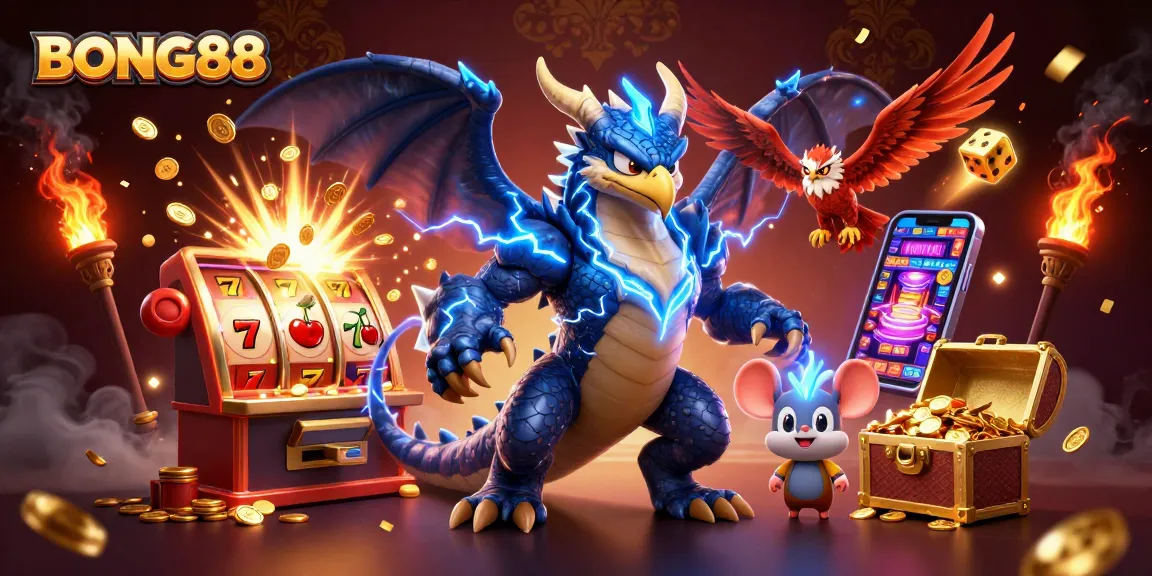 Experience thrilling jackpots at BONG88 with a dynamic 3D casino scene full of vibrant gaming elements.