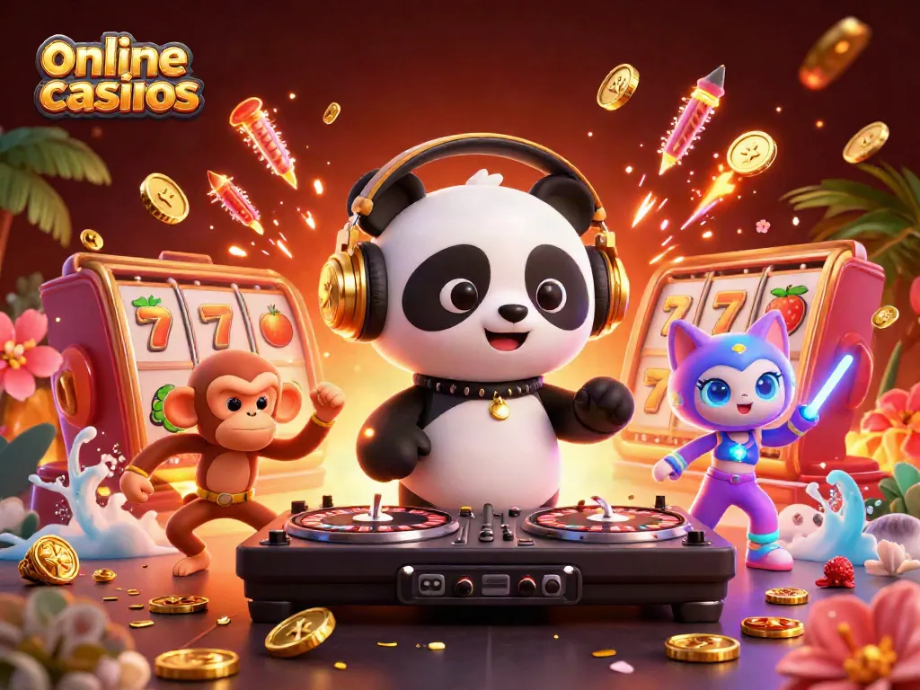 Experience vibrant online casinos with a DJ panda, breakdancing monkey, and rave kitten amid dynamic game elements.