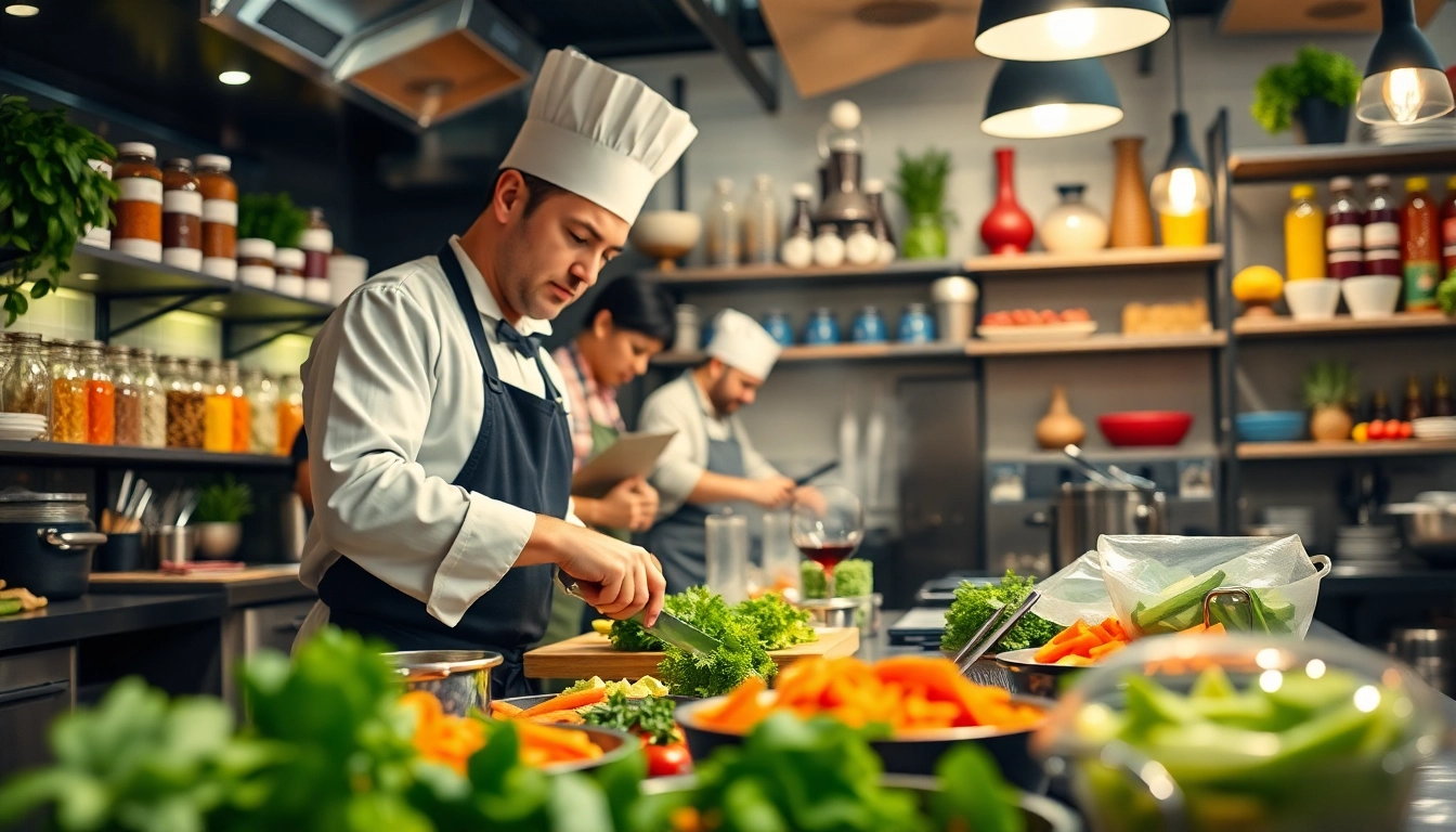 Showcasing a chef in a restaurant kitchen, highlighting a slot for fresh ingredients.