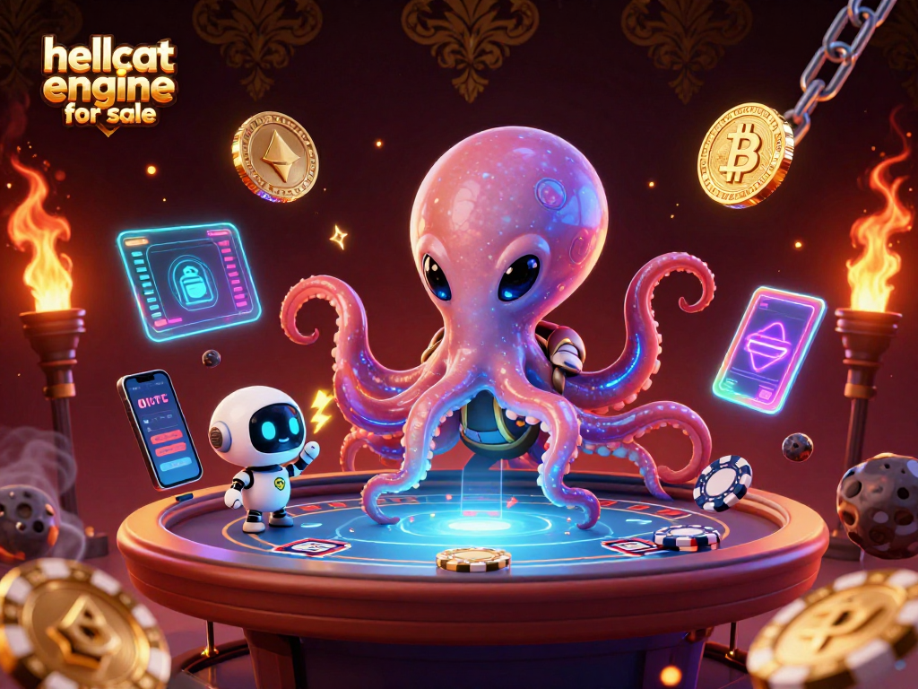Play with the thrilling hellcat engine for sale as an alien octopus deals cards in a dazzling space scene.
