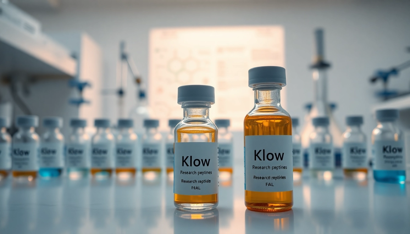 Showcase of klow for sale vials in a bright laboratory setting, portraying research peptides.