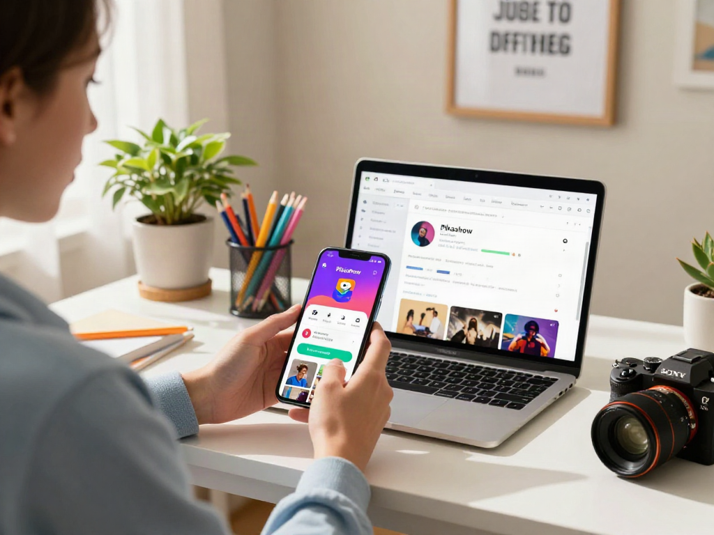 Download Pikashow Apk showcased on a smartphone in a cozy home setting.