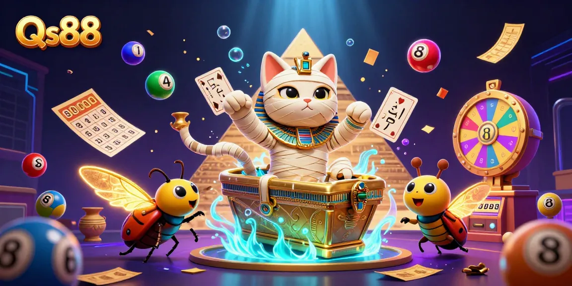 Experience thrilling gaming dynamics with Qs88, featuring a cartoon mummy cat amidst vibrant casino elements.