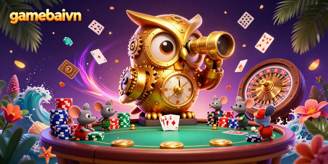 Win big with gamebaivn at this vibrant poker showdown featuring an animated casino scene.