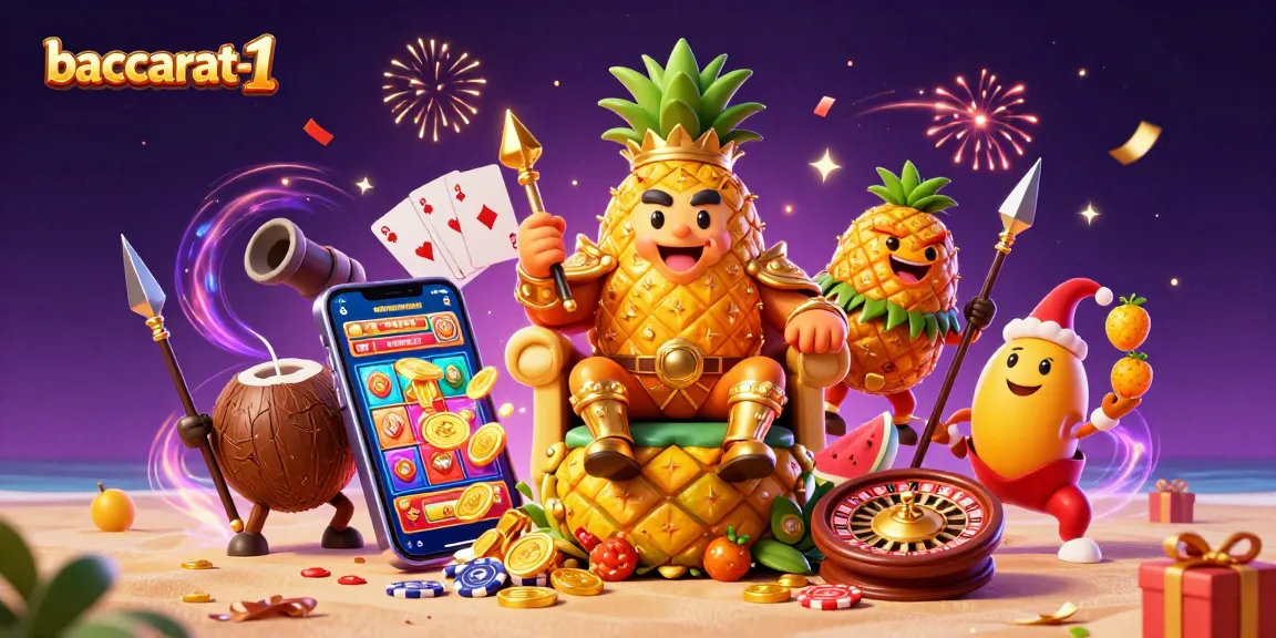 Baccarat-1's vibrant 3D cartoon illustration features a golden pineapple king and casino elements in a dynamic scene.