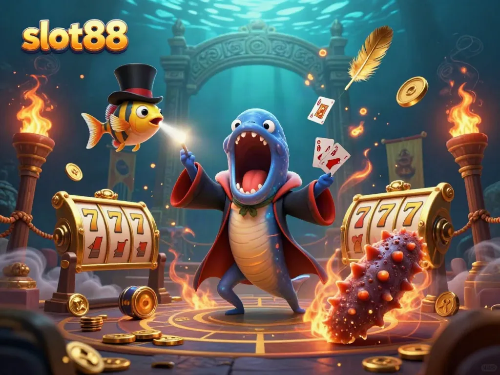 Experience the excitement of slot88 with vibrant characters and gaming-themed elements in a dynamic underwater scene.