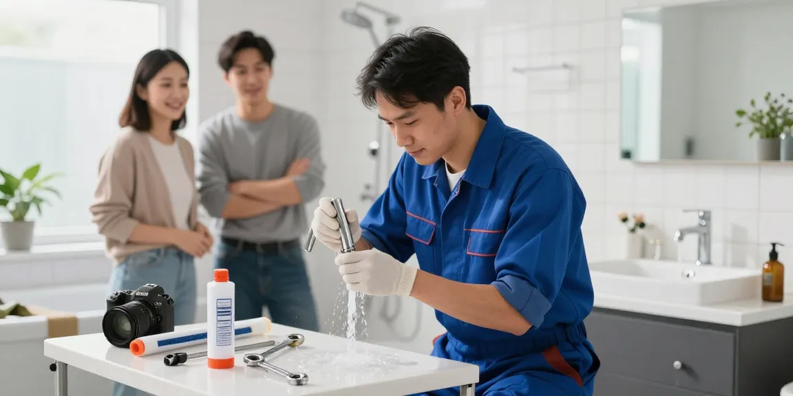 Plumber fixing a faucet in a modern bathroom, encouraging readers to learn more about plumbing services.