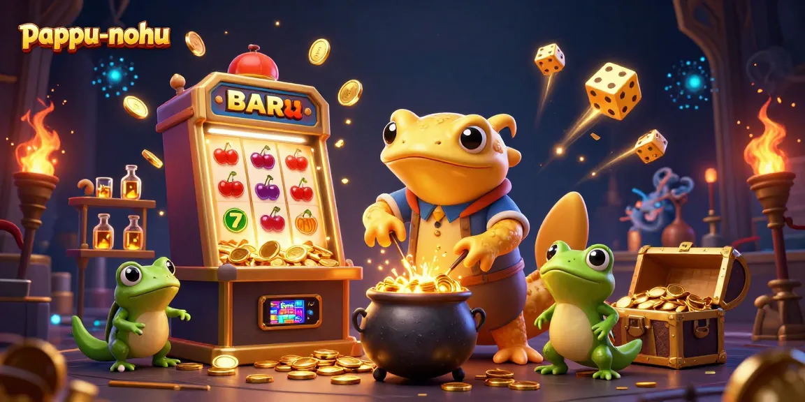Pappu-nohu showcases a thrilling casino scene with a golden salamander alchemist and exciting slot machine action.