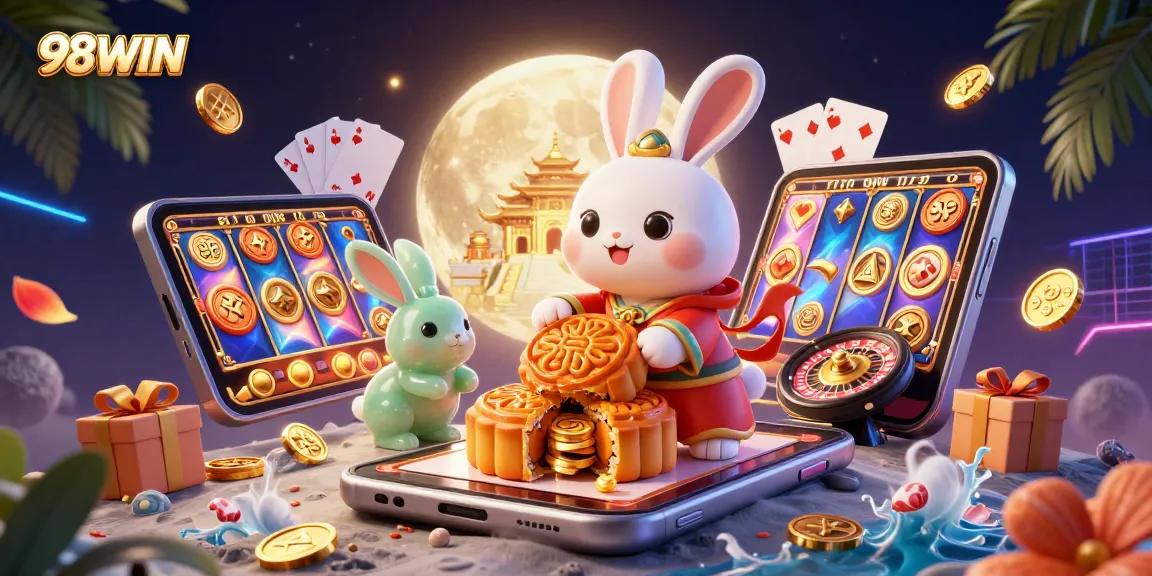 Experience thrilling gaming action with 98WIN, showcasing vibrant slot game elements and festive decor.