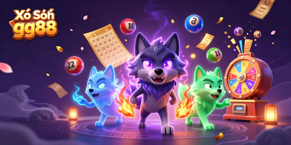 Xổ Số gg88 showcases a 3D cartoon shadow wolf leader with glowing eyes amidst vibrant lottery elements.