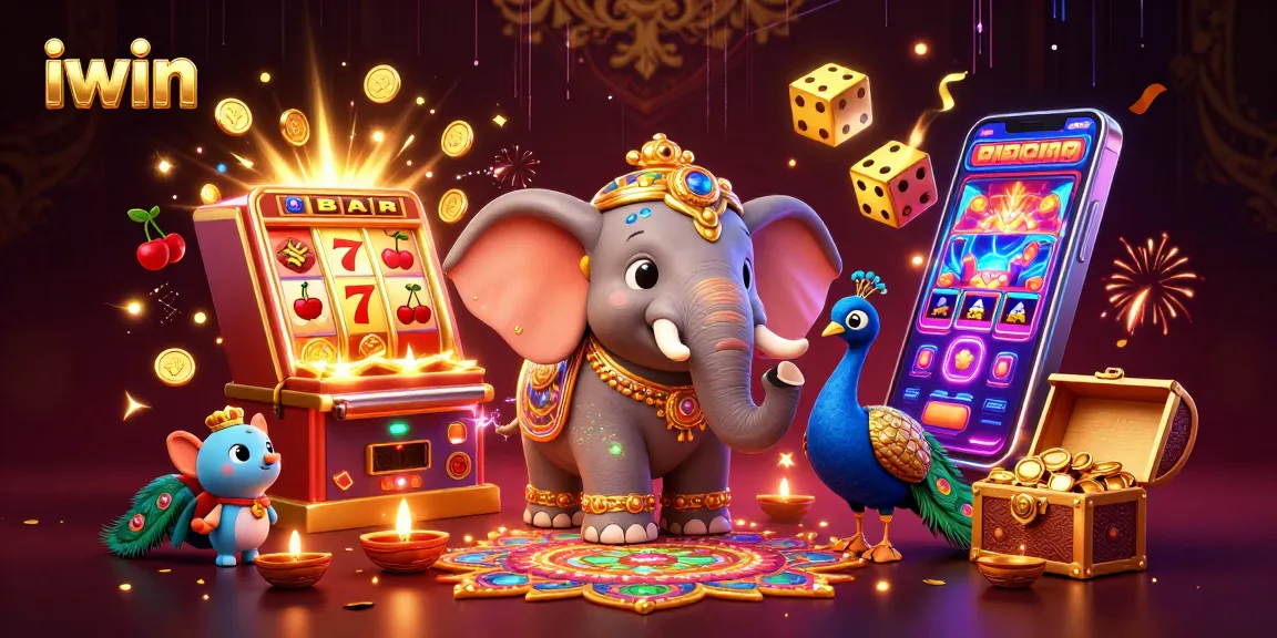 Experience winning spins at iwin with this vibrant scene of a Diwali elephant and slot machines.