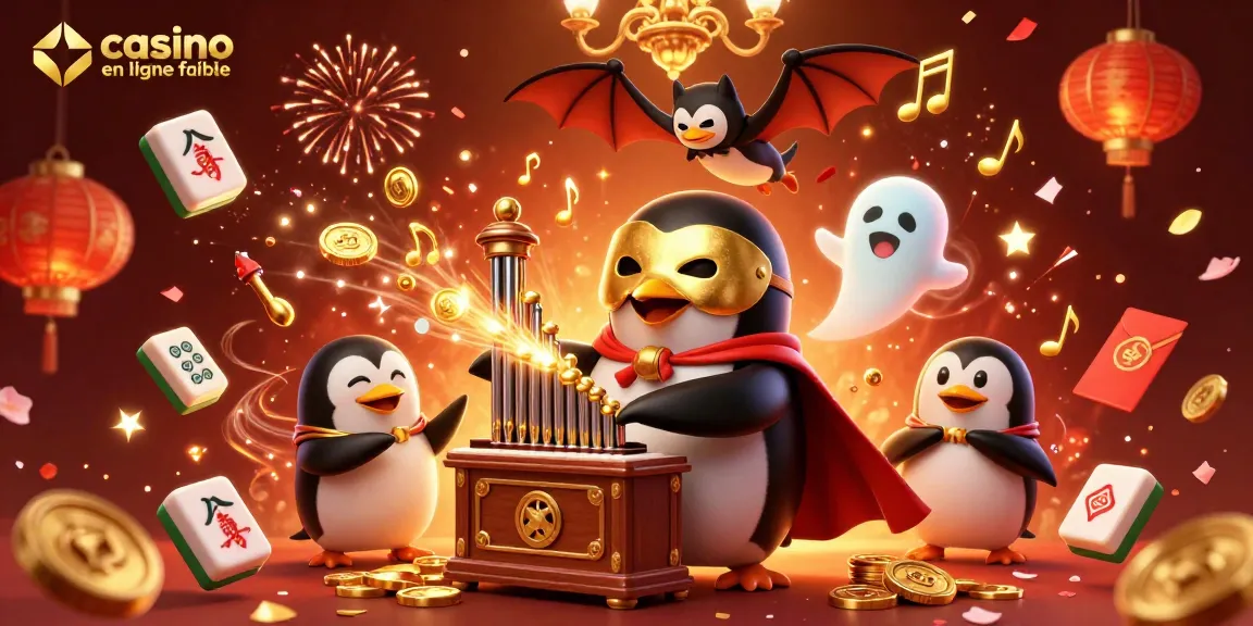 Cette illustration évoque un casino en ligne fiable avec un pingouin fantôme jouant de l'orgue tandis que des pièces d'or apparaissent.