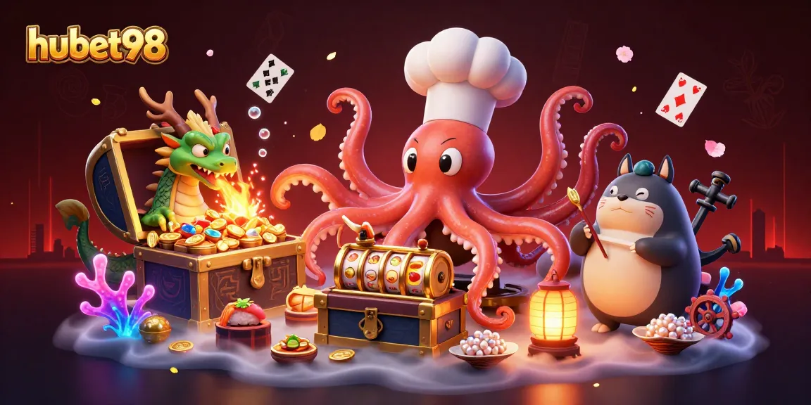 Spin the reels at hubet98 with a vibrant underwater casino scene featuring a playful octopus chef.