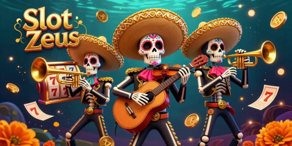 Slot Zeus menghadirkan band mariachi tengkorak yang meriah dikelilingi oleh elemen kasino yang menarik.