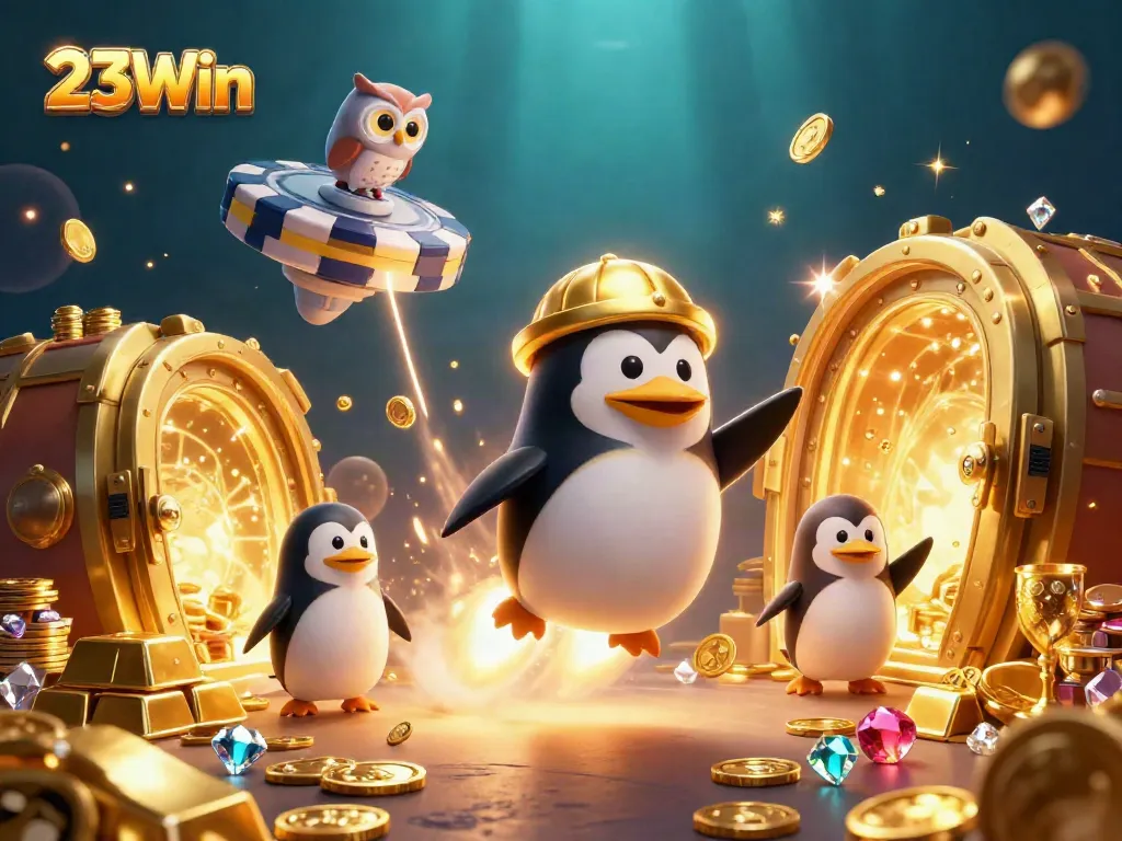 Engage in thrilling adventures at 23Win, featuring a golden penguin and poker chip casino.