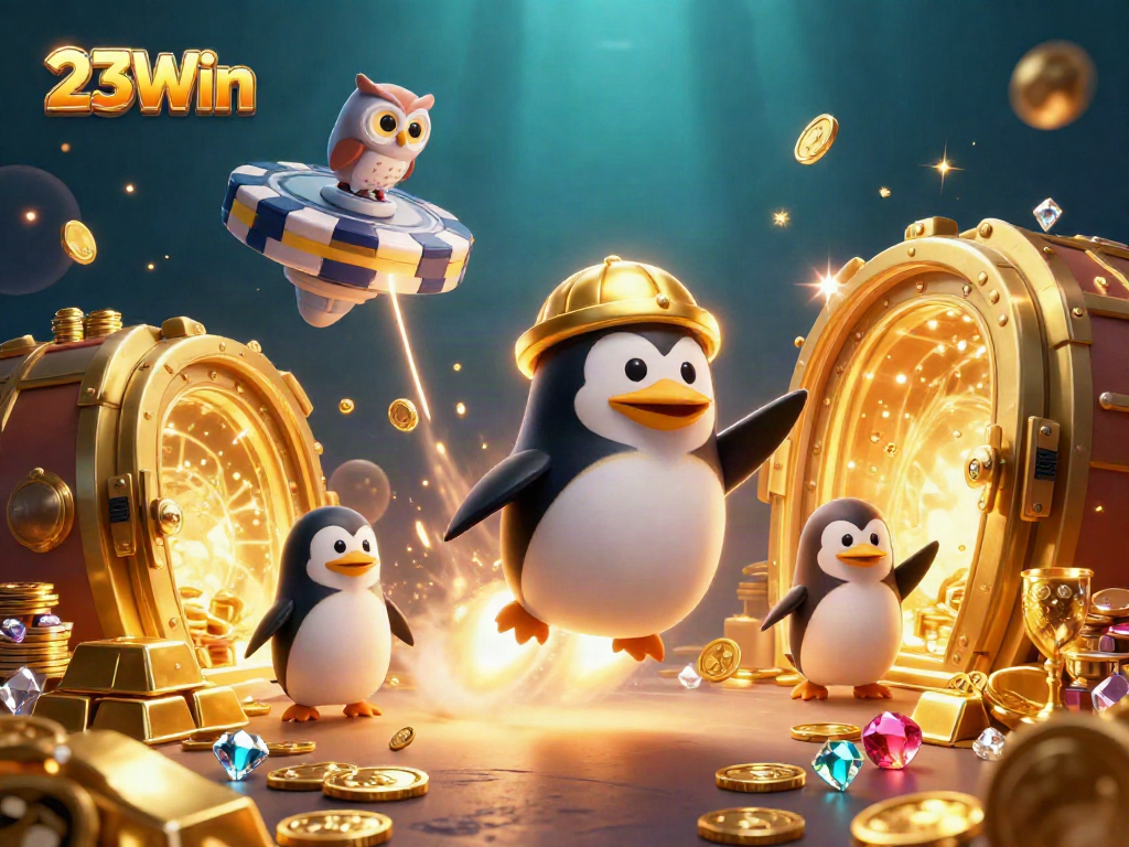 Engage in thrilling adventures at 23Win, featuring a golden penguin and poker chip casino.