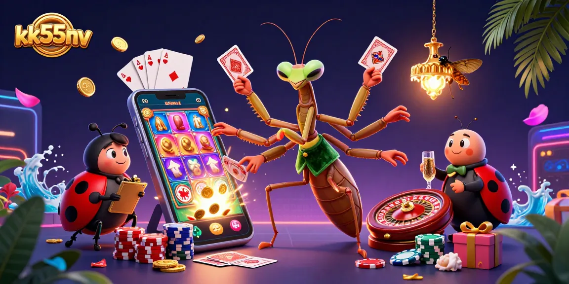 Engaging casino scene highlighting the kk55nv platform with lively characters and vibrant slot game action.