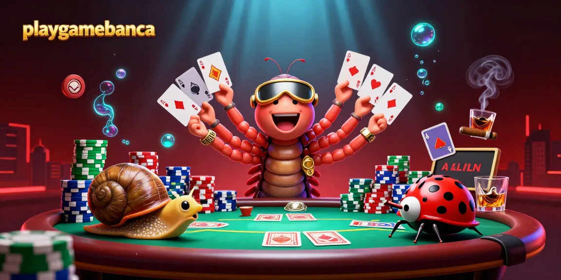 playgamebanca showcases an exciting poker scene with a millipede dealer and vibrant elements.