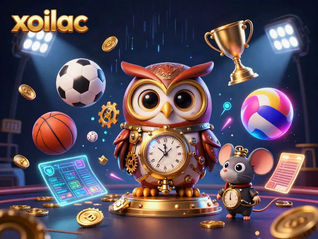 Xoilac captivates with a 3D scene showcasing a time-traveler owl in a casino setting, embodying sports betting excitement.