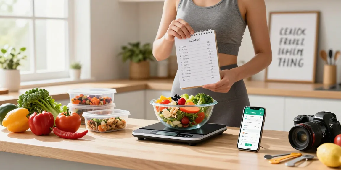 Engaged individual using the best calorie tracker app while meal prepping in a bright kitchen.