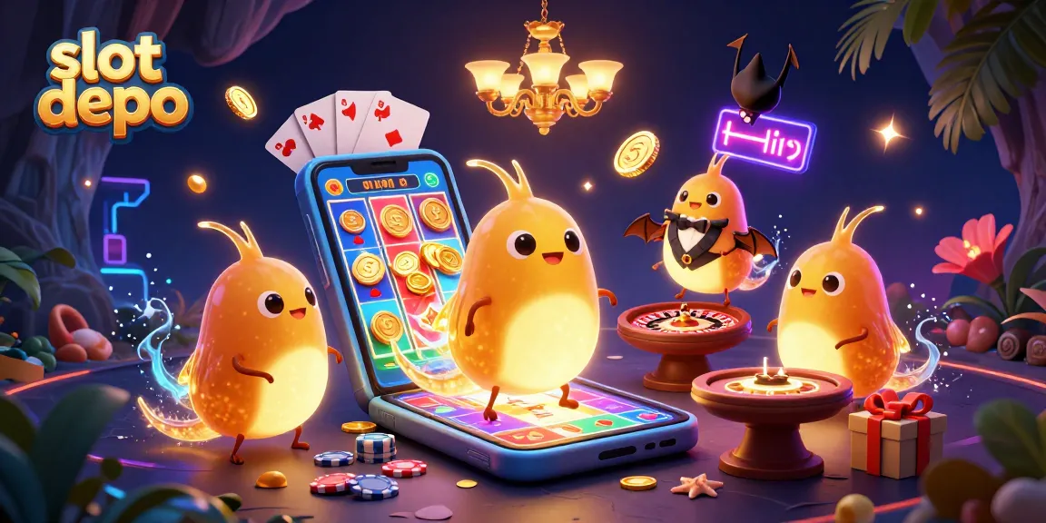 Mainkan slot depo dengan karakter cacing bercahaya di kasino gua, dikelilingi elemen permainan yang cerah.