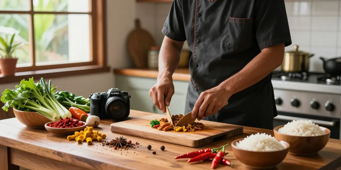 Memasak dengan penuh semangat di dapur yang terang, menggunakan bahan segar dan rempah, situs epictoto