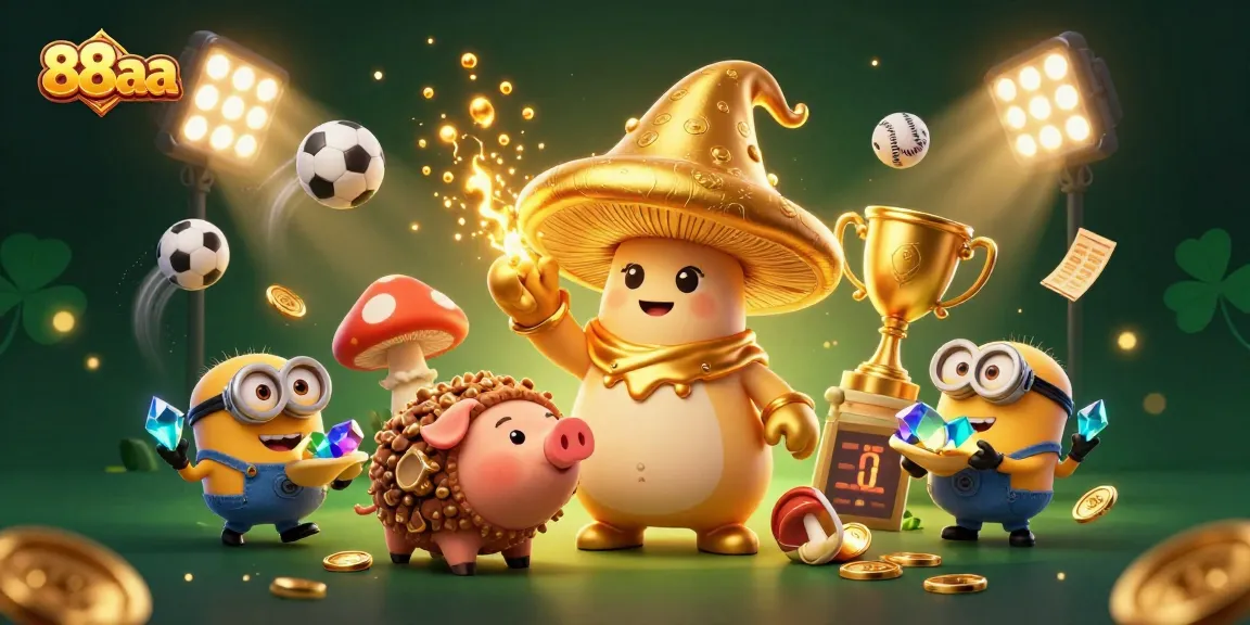 88aa showcases a magical wizard with treasure-seeking companions in a vibrant sports betting scene.