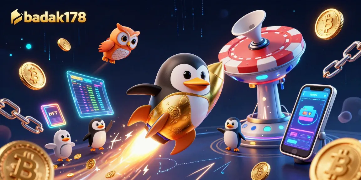 Engage with badak178's thrilling images of a penguin rocket and crypto coins in cosmic casino adventures.