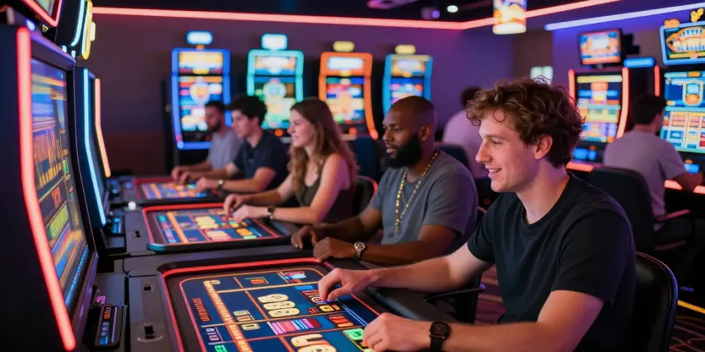 Exciting online gaming scene showcasing players at vibrant 3D slot machines in a digital casino, capturing the essence of plustoto4d.