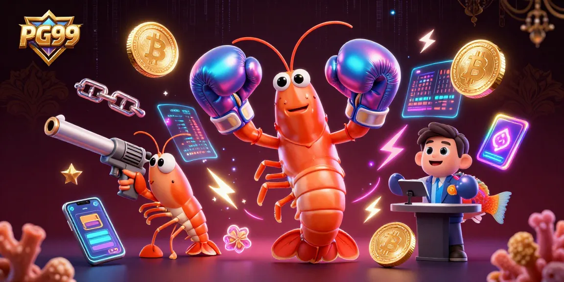Experience PG99's thrilling casino adventure with vibrant characters and glowing crypto elements.