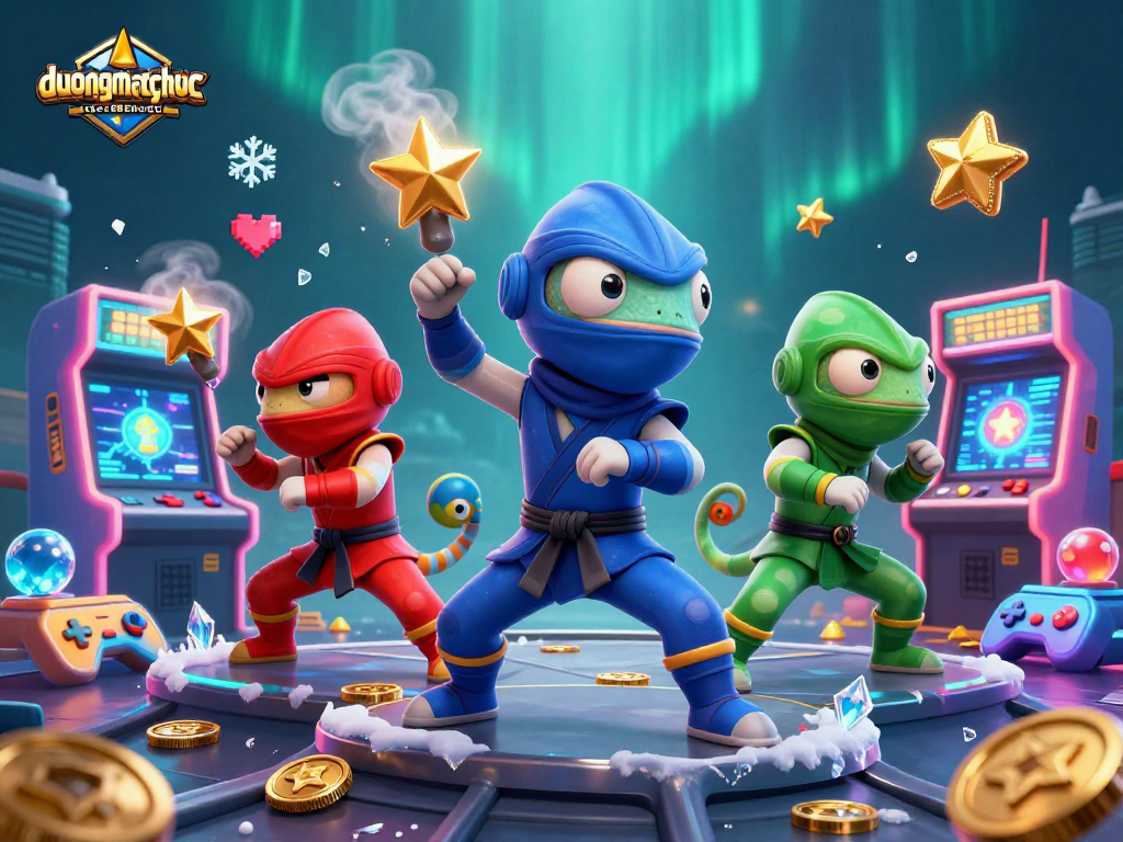 Experience duongmatchuoc with a vibrant illustration of chameleon ninjas at play amidst arcade game aesthetics.