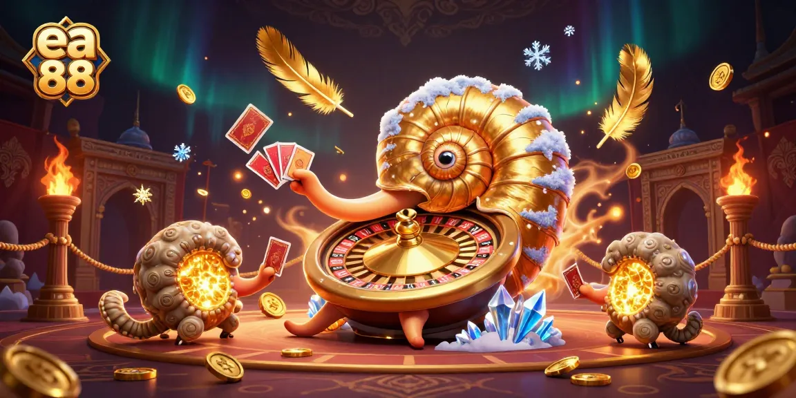 Experience thrilling gaming with ea 88's giant nautilus and glowing ammonites amidst dramatic casino elements.