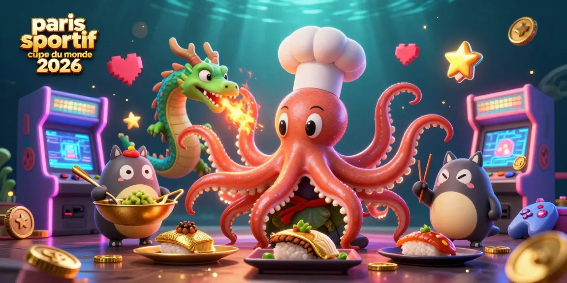 Plongez dans l'univers paris sportif coupe du monde 2026 avec un chef sushi octopus, un dragon, et un tanuki client !