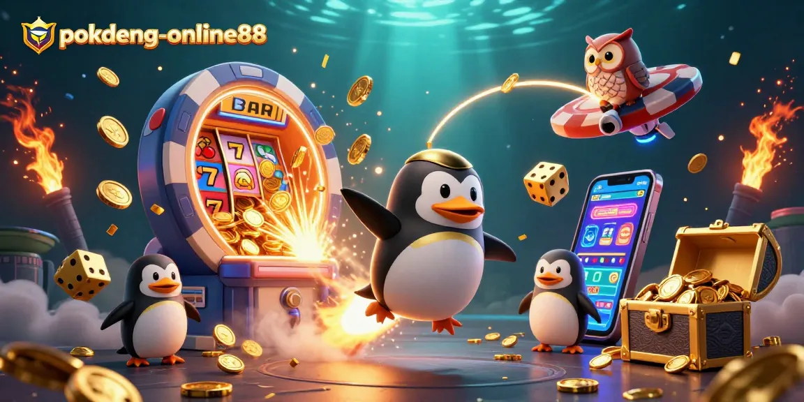 Experience the thrill of pokdeng-online88 with a golden penguin racing to a casino chip station amidst rich, vibrant game elements.
