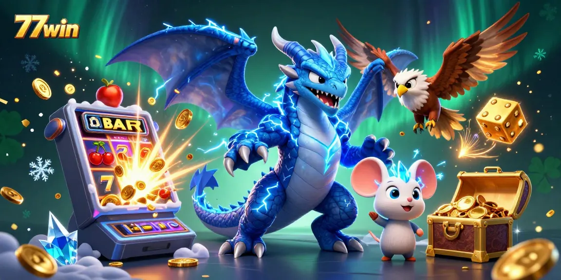 Experience the thrill of 77win with a dynamic casino scene featuring vibrant characters and gaming elements.