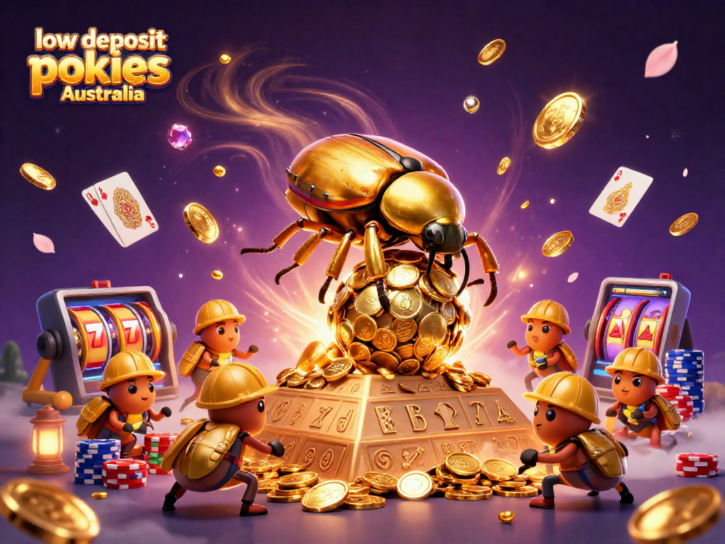 Experience low deposit pokies Australia with vibrant casino elements in a dynamic, animated scene.