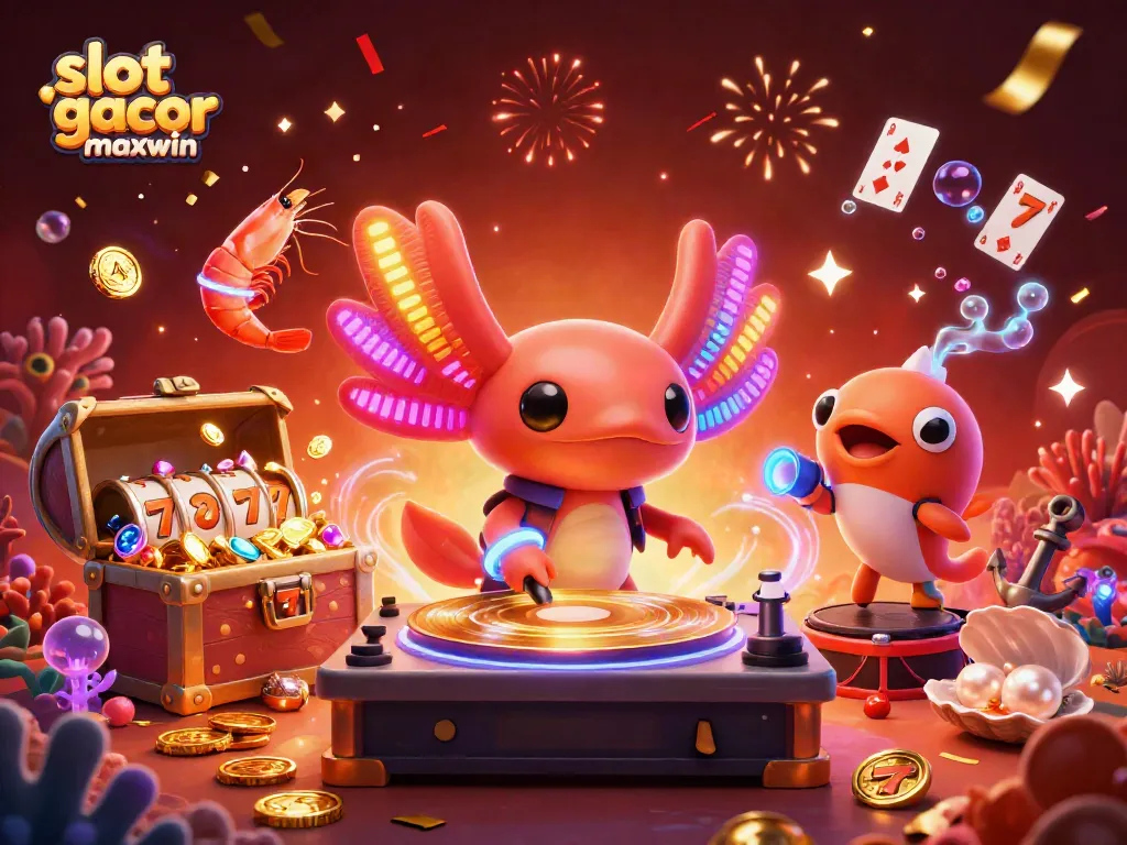 Permainan slot gacor maxwin dengan karakter lucu di ilustrasi kasino bawah laut yang cerah.