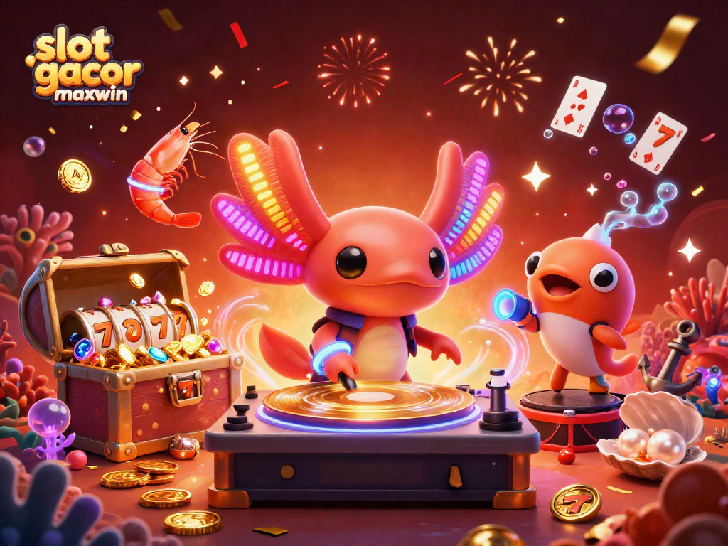 Permainan slot gacor maxwin dengan karakter lucu di ilustrasi kasino bawah laut yang cerah.