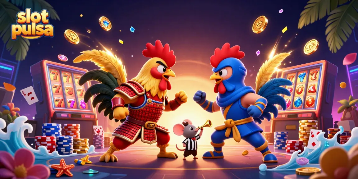 Slot pulsa dengan ayam petarung dalam pertarungan dramatis dan simbol permainan mengelilinginya.