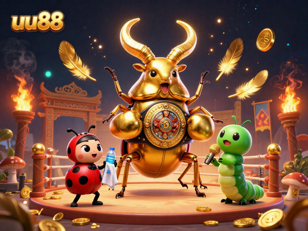 Betting action with a giant golden stag beetle at uu88, showcasing a vibrant gambling arena.