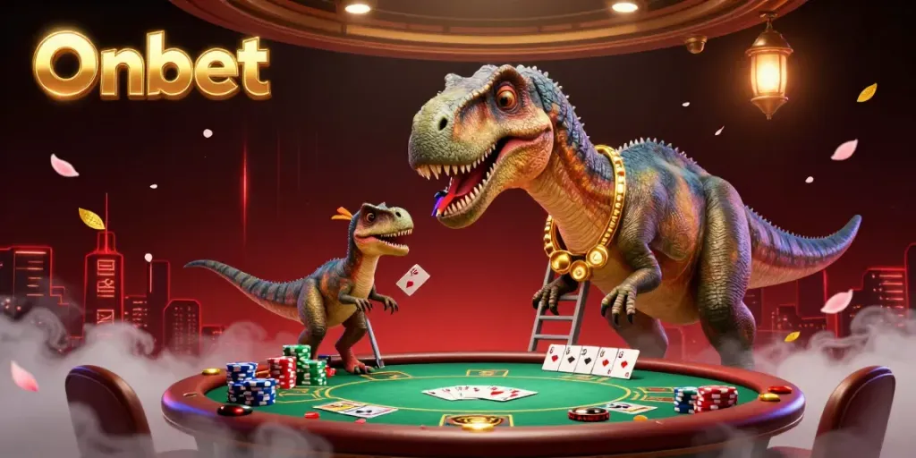 Engage in thrilling poker gameplay at Onbet with a vibrant 3D scene featuring dinosaurs and dynamic casino elements.