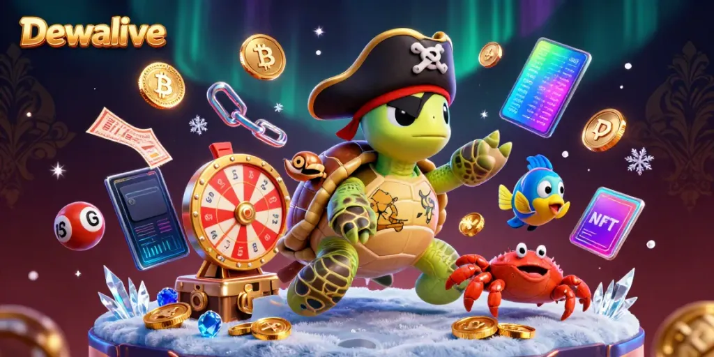 Dewalive platform showcases vibrant character scene with pirate turtle, crab, and parrotfish above lottery elements.