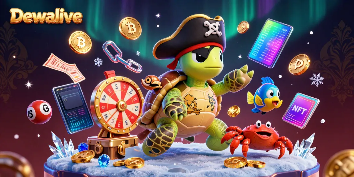 Dewalive platform showcases vibrant character scene with pirate turtle, crab, and parrotfish above lottery elements.