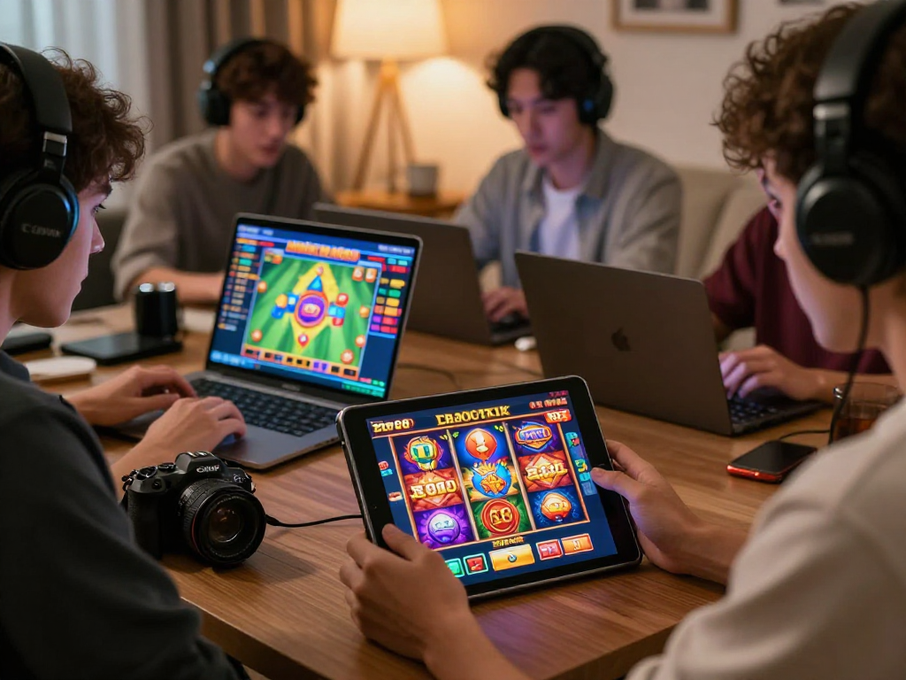 Permainan slot88 yang mengasyikkan di lingkungan rumah, dengan pemain menikmati pengalaman bermain di tablet dan tampilan grafis yang berwarna-warni.