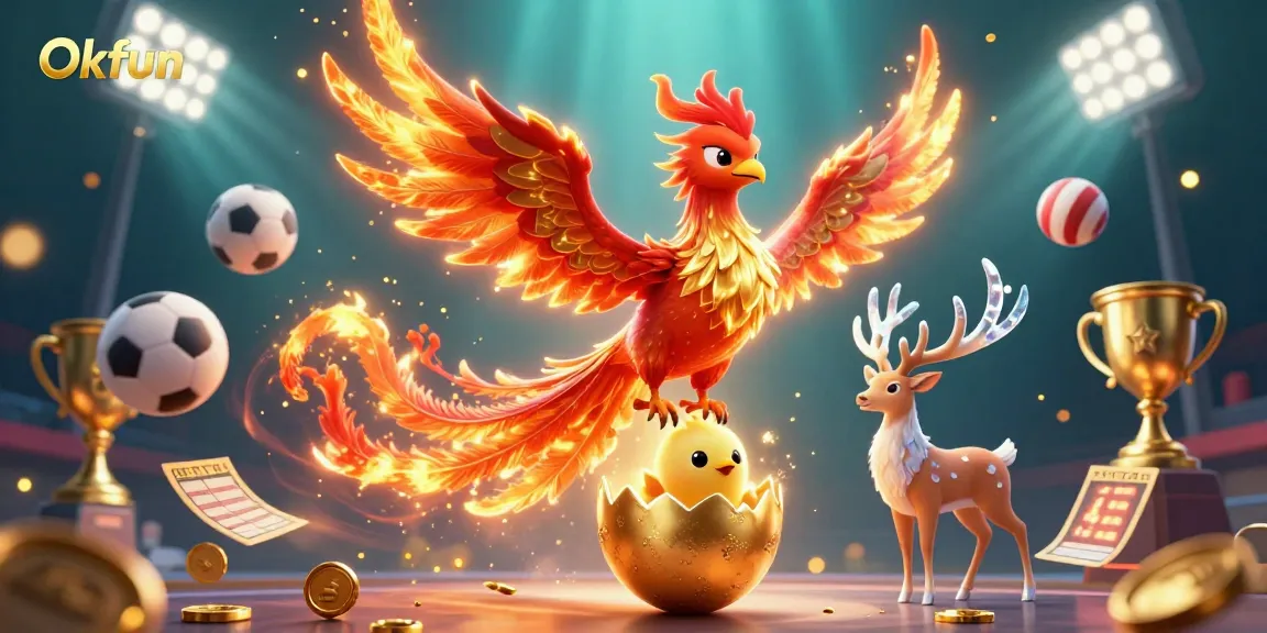 Experience the excitement of gambling with Okfun's dynamic 3D casino illustration featuring vibrant characters and gaming elements.