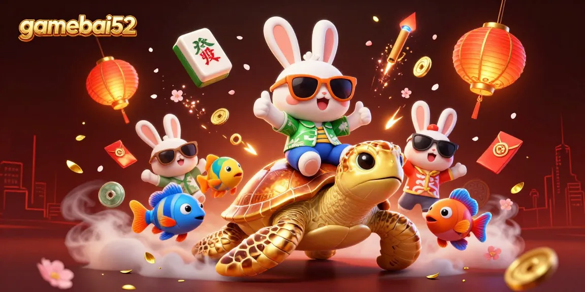 Experience excitement at gamebai52 with a lucky rabbit and a golden sea turtle in vibrant casino fun.