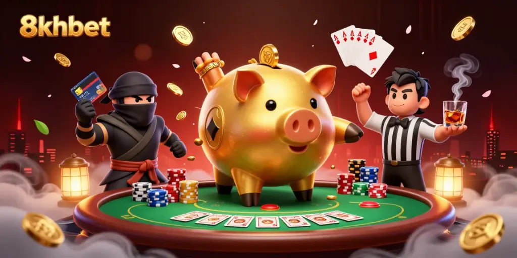 8xbet engaging players with a golden piggy bank sumo wrestler amidst a vibrant casino scene