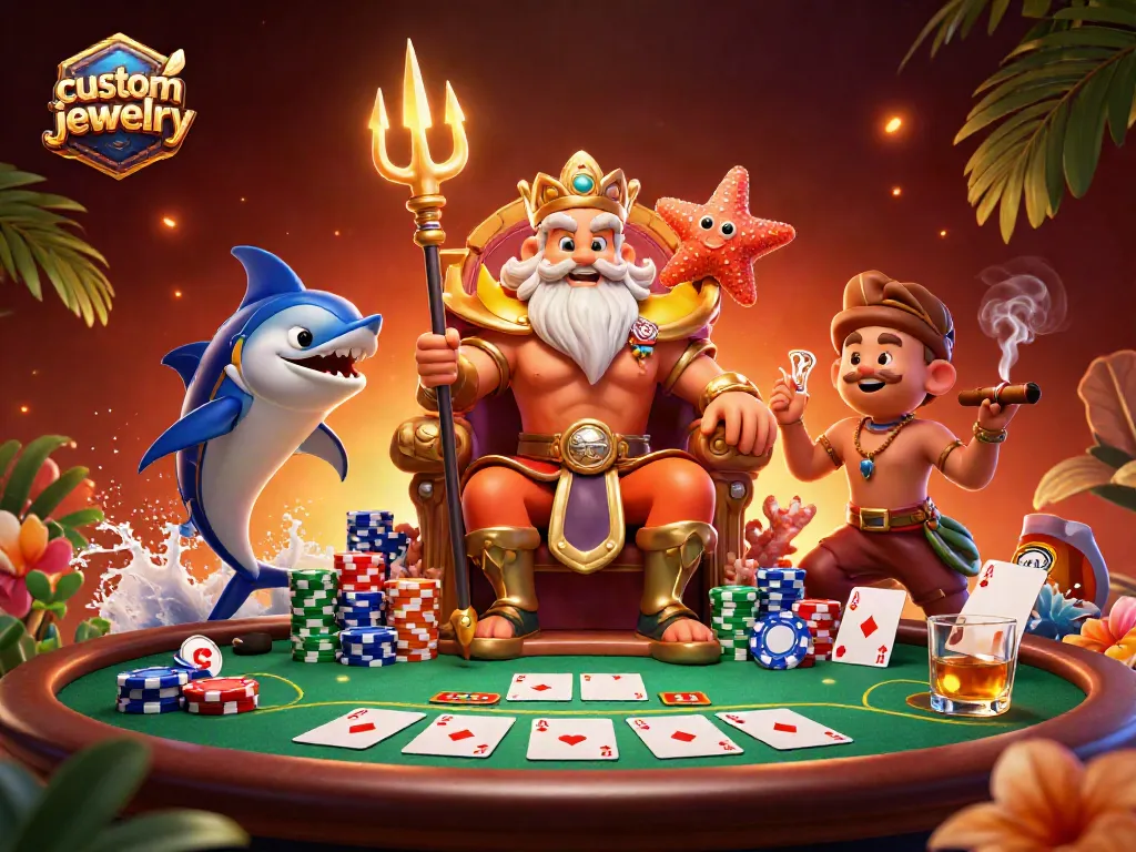 Win big with custom jewelry-themed poker scene featuring Neptune and vibrant game elements.