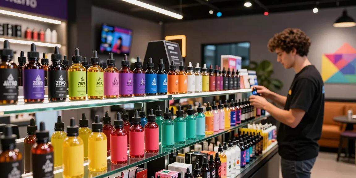 Colorful Alt Zero E-Liquid collection displayed in a modern vape shop, enhancing customer experience.